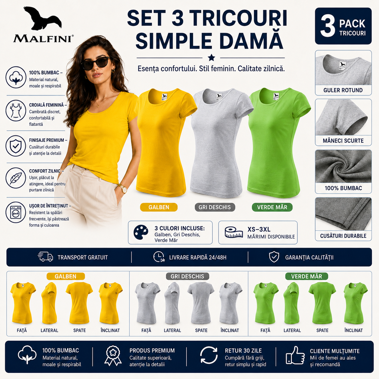 Set 3 tricouri damă 100% bumbac elegant casual cu decolteu galben gri verde măr model 122 transport gratuit